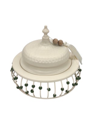 Akdc Metal Tajine With Lid 15Cm*16Cm, White With Green Beads
